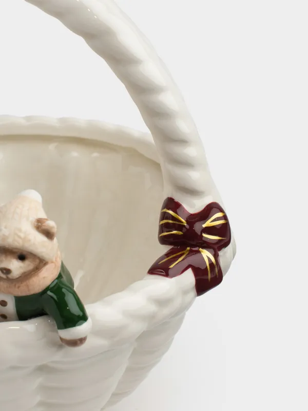 Конфетница, 19х20 см, с ручкой, керамика, молочная, Белка и медведь в корзинке, Christmas animals, image-4