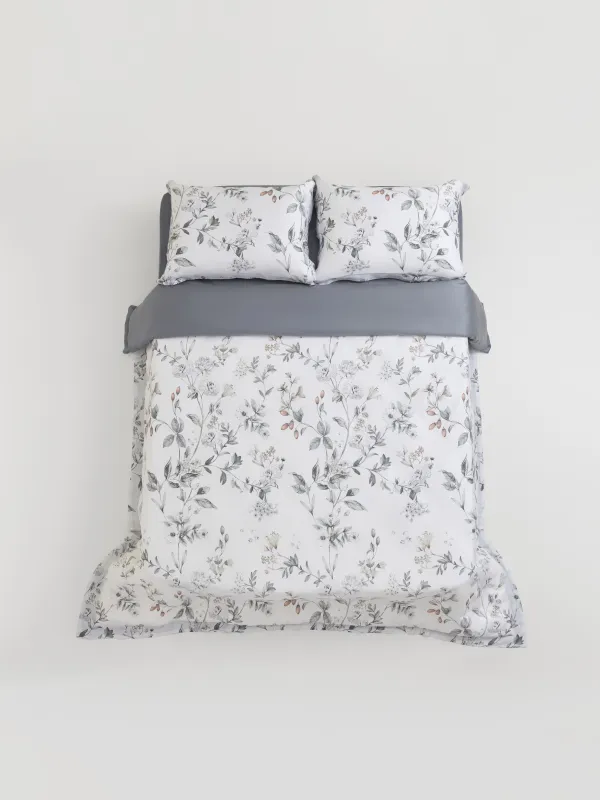 КПБ евро, тенсель 300 ТС, бело-серый, Цветы и ягоды, Tencel, image-0