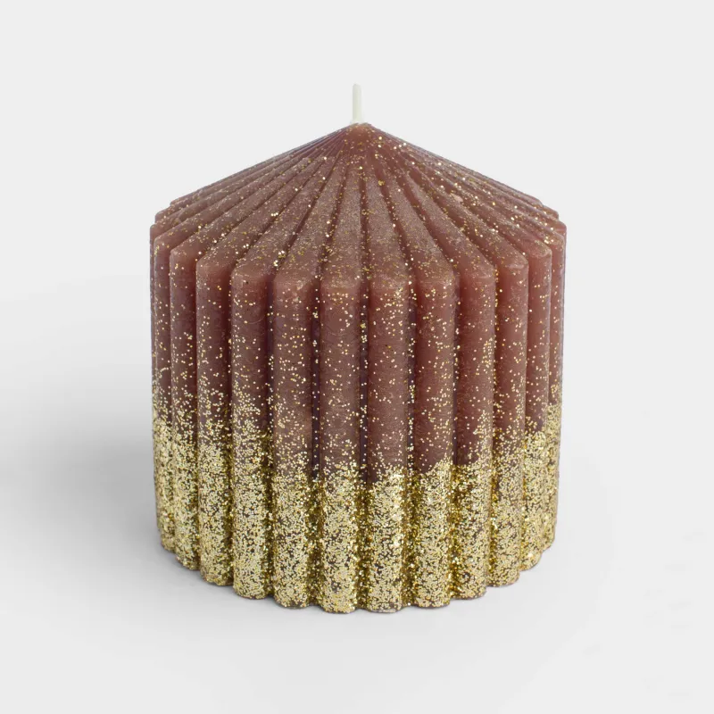Свеча, 10 см, цилиндрическая, с блестками, коричнево-золотистая, Ribbed candle, image-1