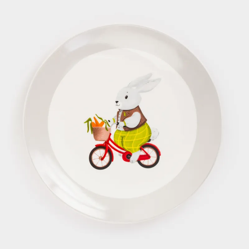 Тарелка закусочная, детская, 19 см, фарфор N, бело-серая, Кролик на велосипеде, Ideas life