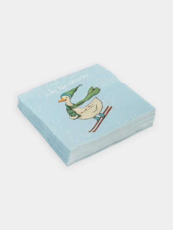 Салфетки бумажные, 21х21 см, 20 шт, квадратные, голубые, Гусь на лыжах, Goose, image-0