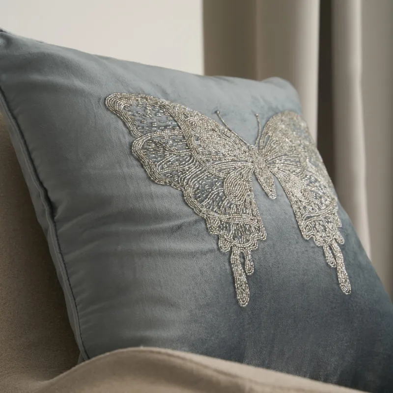 Подушка декоративная, 50х50 см, вельвет/бисер, серая, Бабочка, Bugs