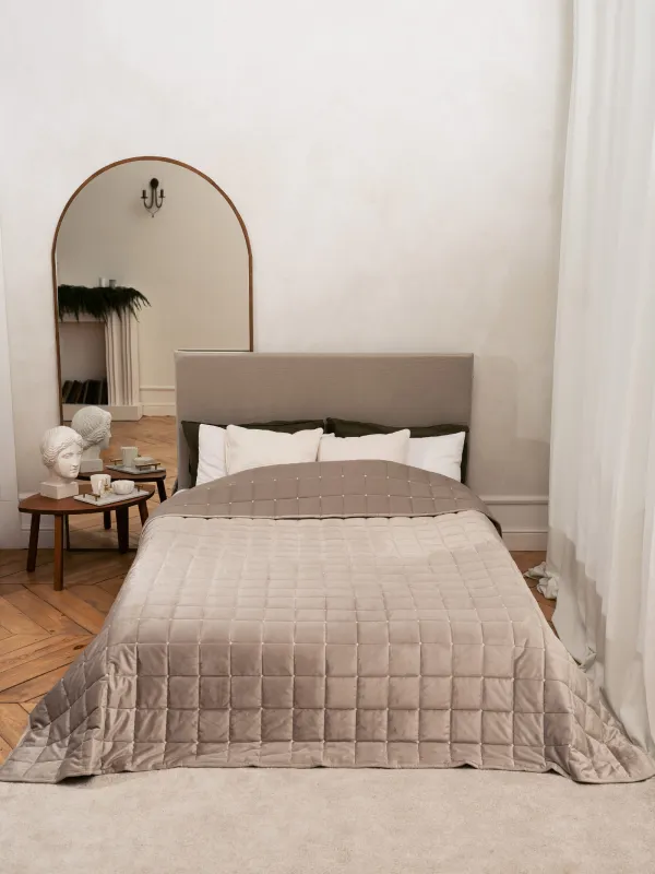 Покрывало, 220х240 см, стеганое, вельвет/микрофибра, серо-коричневое, Квадраты, Stitch velvet, image-0