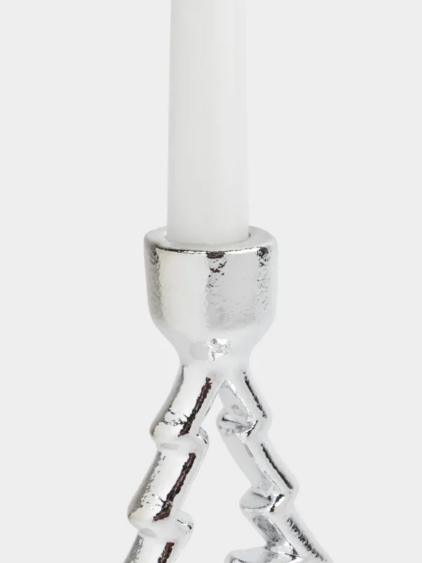 Подсвечник, 15 см, для тонкой свечи, на ножке, керамика, серебристый, Елка, Silver style, image-2