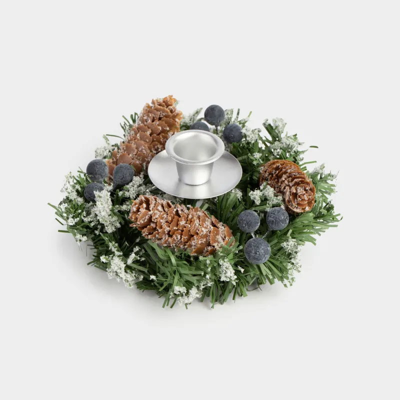 Подсвечник, 15 см, для тонкой свечи, ПВХ/металл, Синие ягоды и шишки, Snowy blue berry