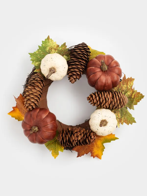 Венок декоративный, 21 см, Тыквы с шишками и листьями, Autumn fusion, image-0