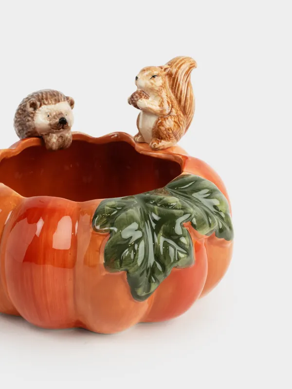 Конфетница, 19х14 см, керамика D, оранжевая, Еж и белка на тыкве, Forest symphony, image-1