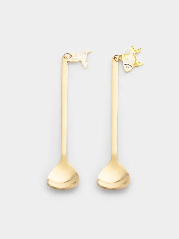 Ложка десертная, 14 см, 2 шт, сталь, золотистая, Птица/Рыбка, Goldfish, image-0