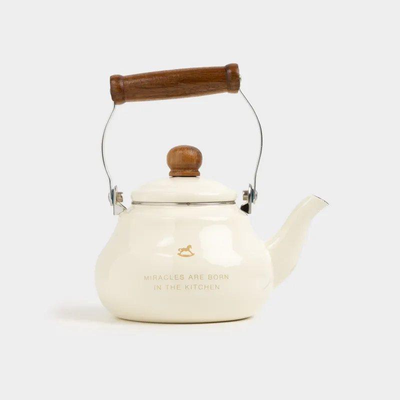 Чайник, 1,2 л, со свистком, металл эмалированный/дерево, молочный, Лошадь, Enamel