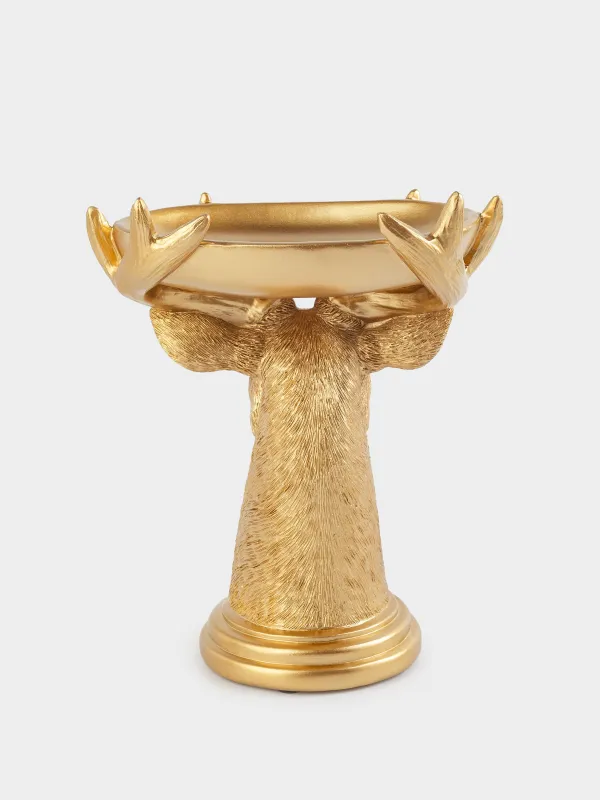 Блюдо декоративное, 22 см, полирезин/сталь, золотистое, Олень с подносом, Deer gold, image-1