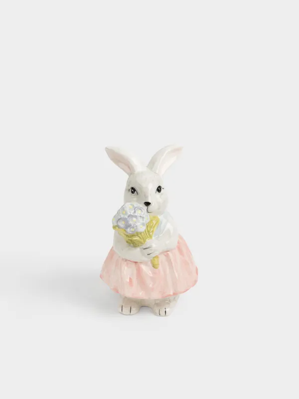 Статуэтка, 21 см, керамика D, серая, Крольчиха в платье и с цветами, Easter, image-0
