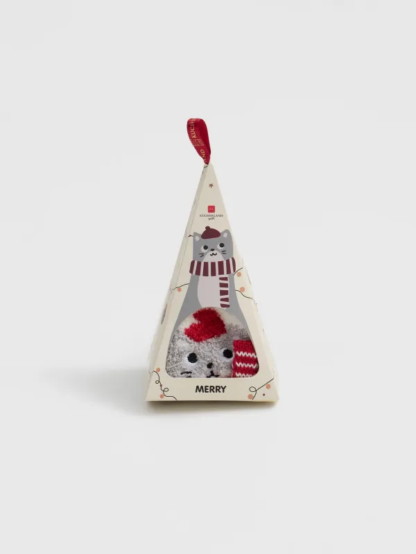 Носки детские, домашние, р. 27-29, в коробке, полиэстер, молочно-серые, Кот в шарфе, Merry, image-5