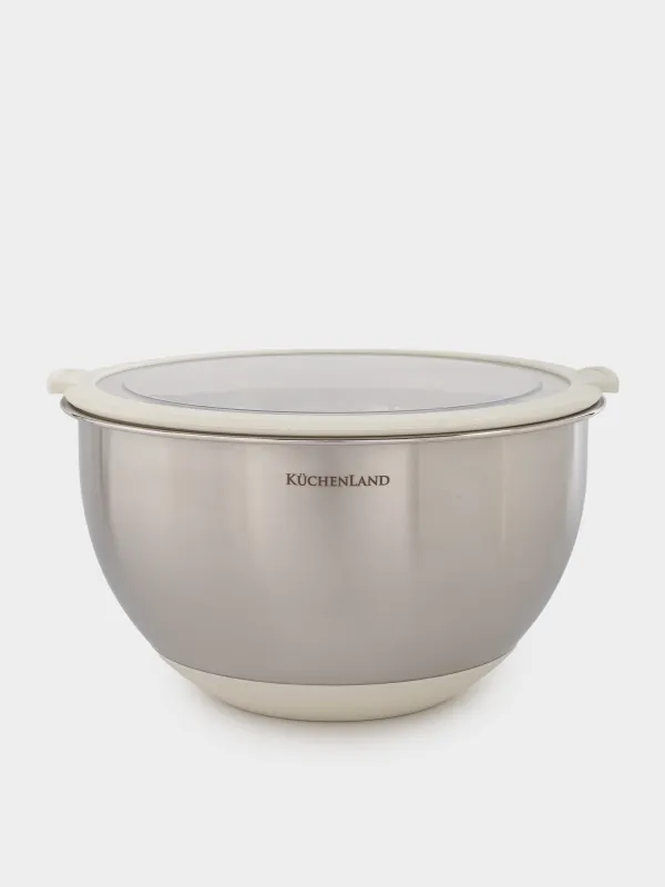 Миска, 3/4,5 л, 2 шт, с крышкой, антискользящее дно, сталь/пластик, бежевая, Terra new, image-1