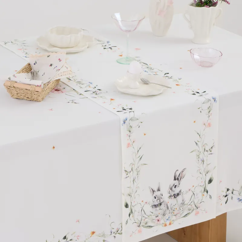 Дорожка настольная, 40х160 см, полиэстер, белая, Кролики и цветы, Rabbits in flower