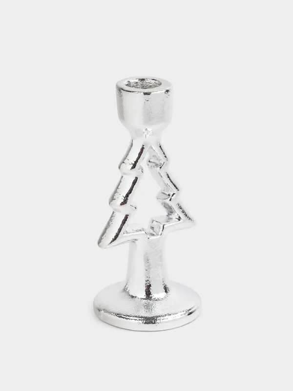 Подсвечник, 15 см, для тонкой свечи, на ножке, керамика, серебристый, Елка, Silver style, image-1