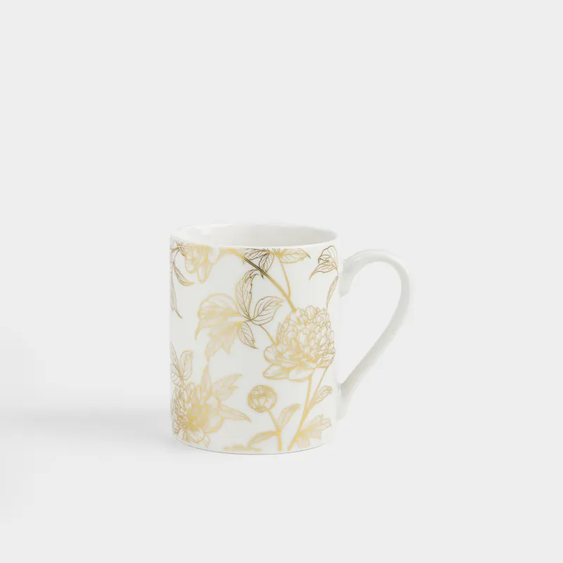Кружка, 340 мл, фарфор N, бело-золотистая, Пионы, Bloome
