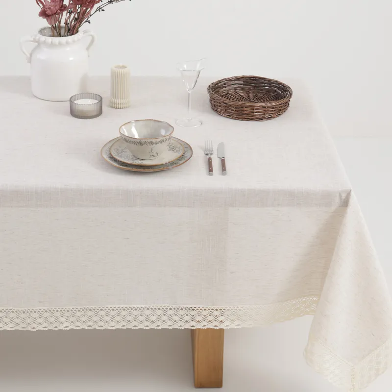 Скатерть, 170х250 см, с кружевом, полиэстер/лен/хлопок, бежевая, Natural framed