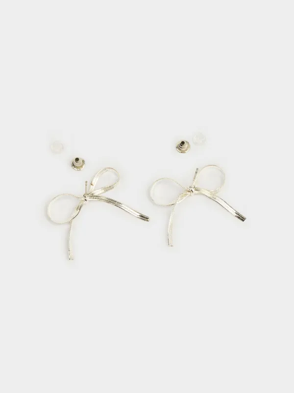 Серьги-пусеты, 6 см, 2 шт, металл, серебристые, Бант, Jewelry, image-2