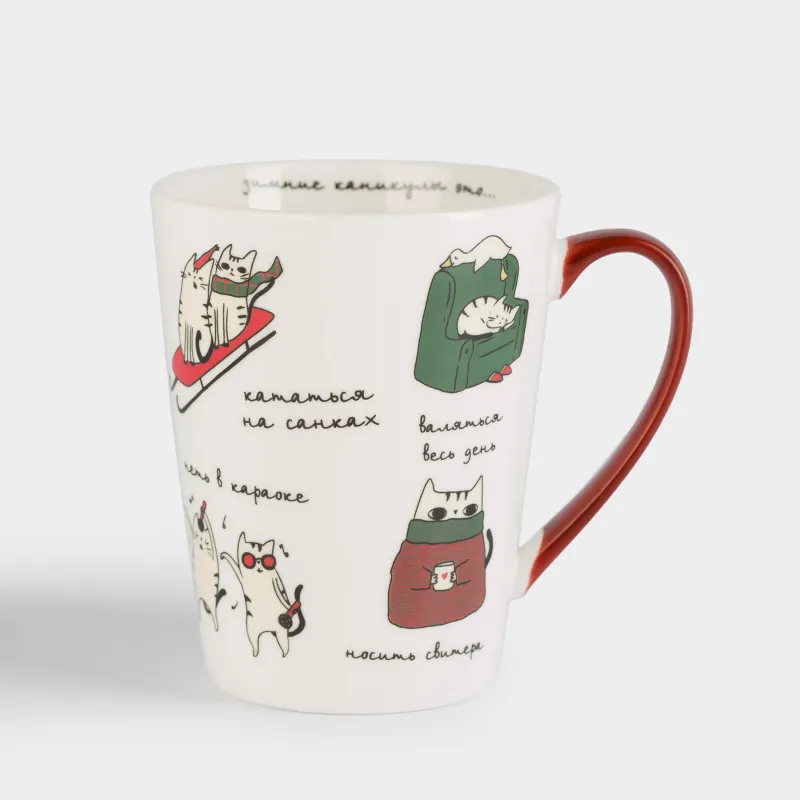 Кружка, 420 мл, фарфор N, бело-красная, Коты на каникулах, Cat
