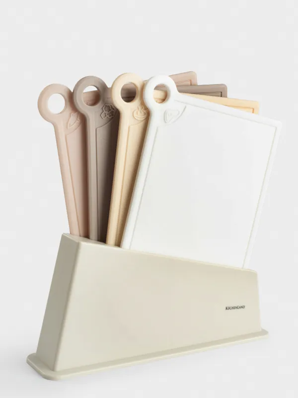 Доска разделочная, 35х32 см, 4 шт, в подставке, пластик, бежевый микс, Galori, image-0