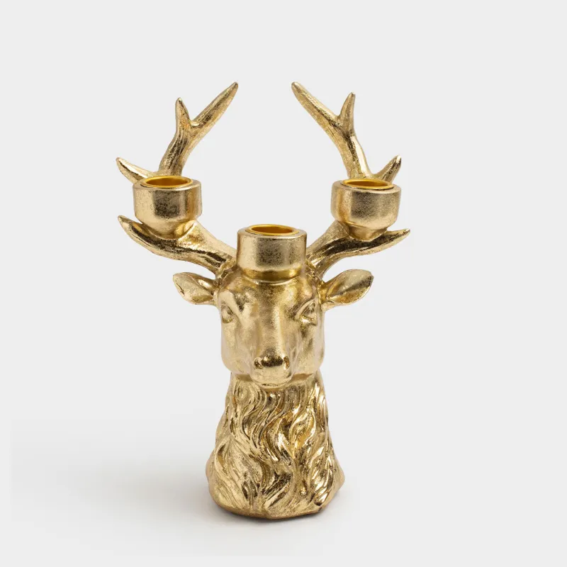 Подсвечник, 21 см, 3 тонкие свечи, полирезин, золотистый, Голова оленя, Deer gold