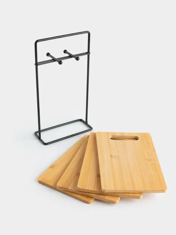 Доска разделочная, 22x14 см, 4 шт, на подставке, бамбук/сталь, прямоугольная, Bamboo, image-1