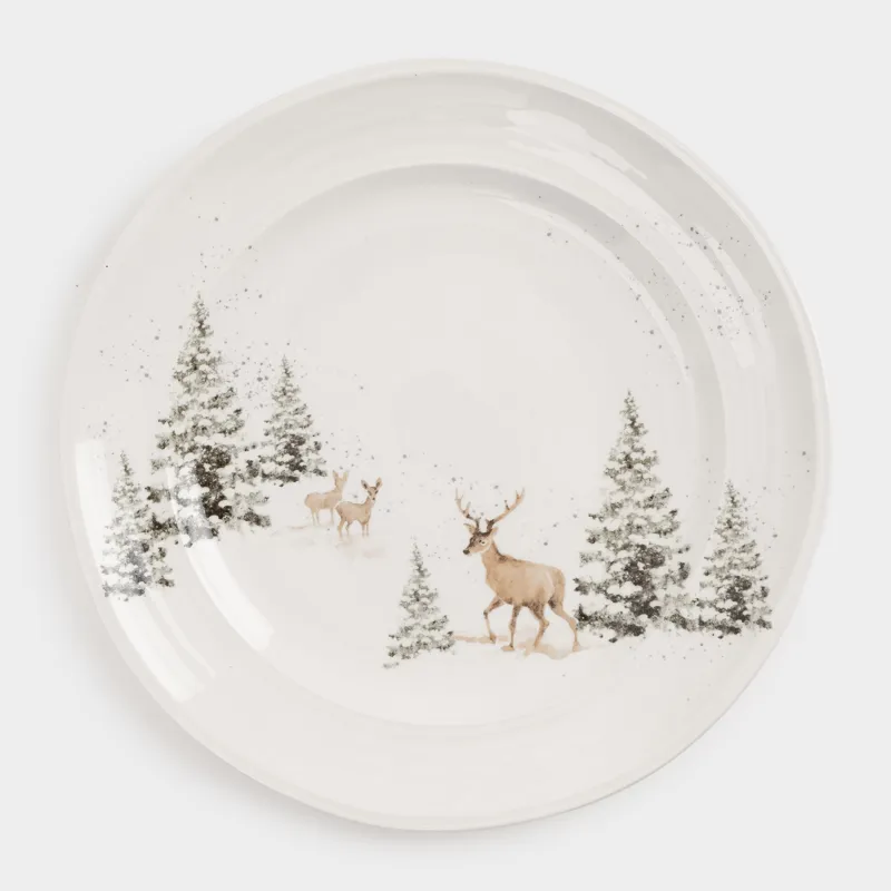 Тарелка обеденная, 27 см, керамика, белая, Олени в снежном лесу, Woodland story