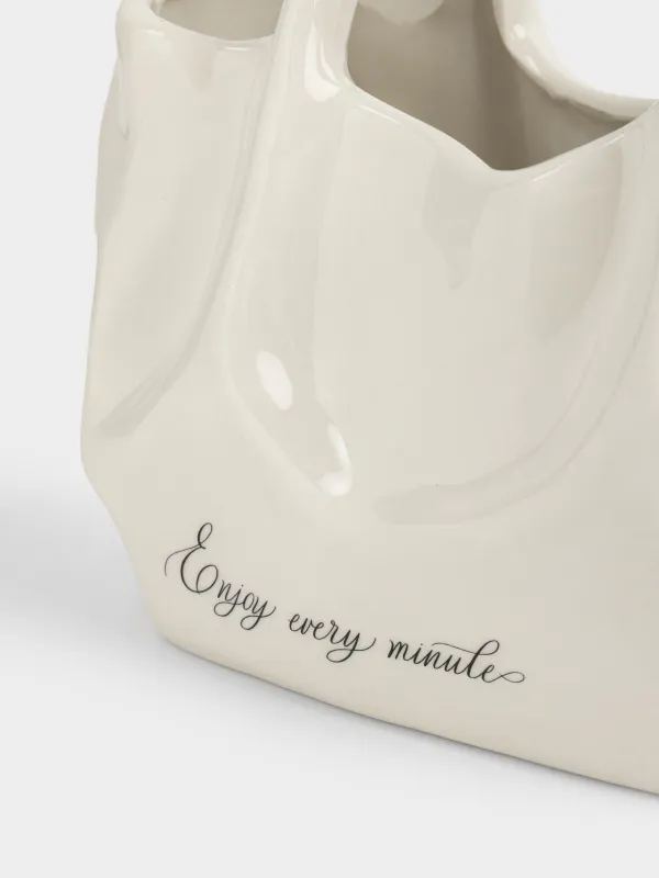 Ваза для цветов, 20х20 см, декоративная, с ручкой, керамика D, молочная, Сумка, Crumple, image-2