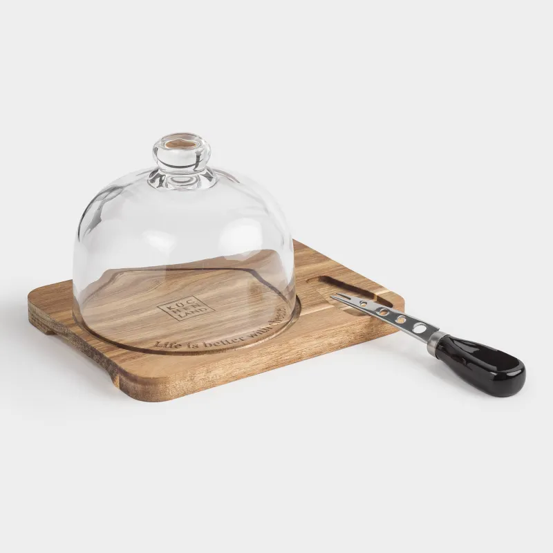 Набор для сыра, 3 пр, доска-блюдо/купол, сталь/дерево/стекло, Noble tree