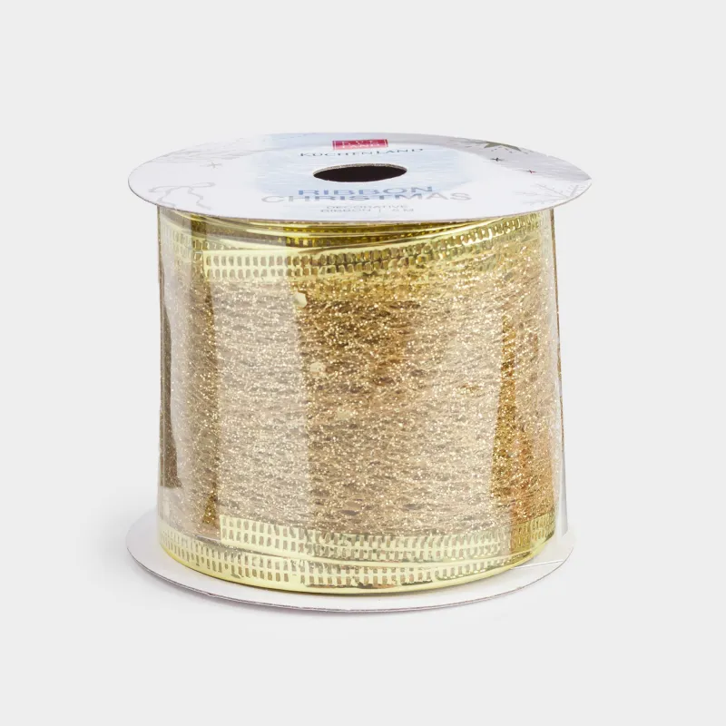 Лента декоративная, 5 м, гибкая, полиэстер, шампань, Паутинка с блестками, Ribbon christmas