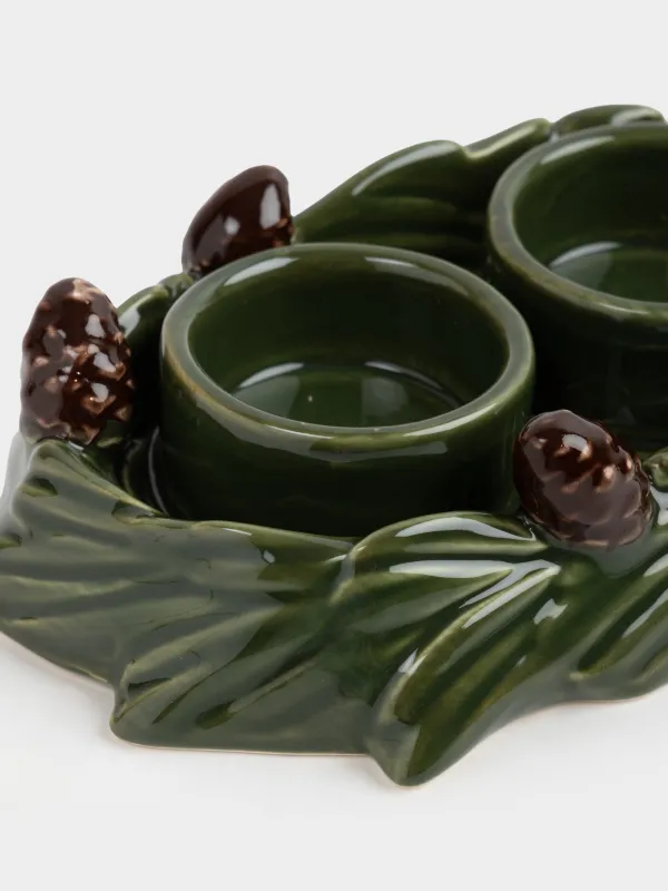 Подсвечник, 18х12 см, 2 чайные свечи, керамика D, зеленый, Шишки на еловой ветке, Forest whispers, image-1