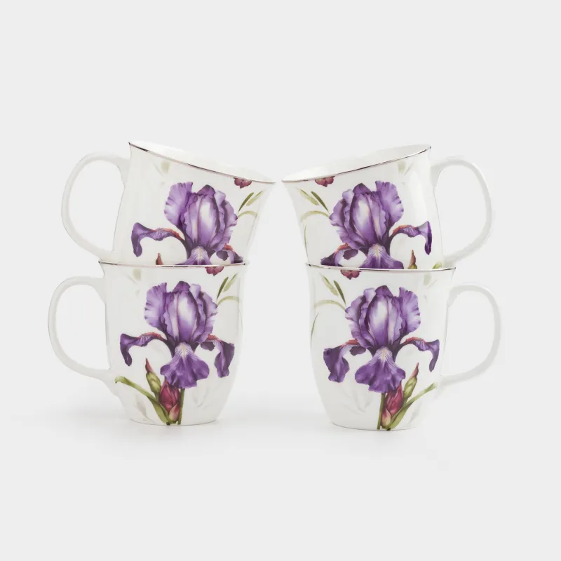 Кружка, 400 мл, 4 шт, фарфор F, с серебристым кантом, Ирис, Antarctica Flowers