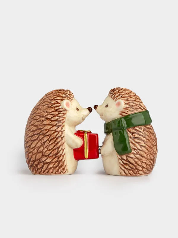Набор для соли и перца, 8 см, с магнитом, керамика D, Ежи с подарком, Hedgehog christmas, image-0