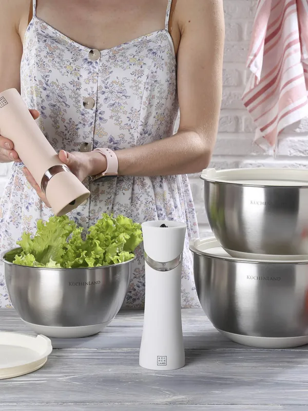 Миска, 1,5/2,5/3 л, 3 шт, с крышкой, антискользящее дно, сталь/пластик, бежевая, Terra, image-2