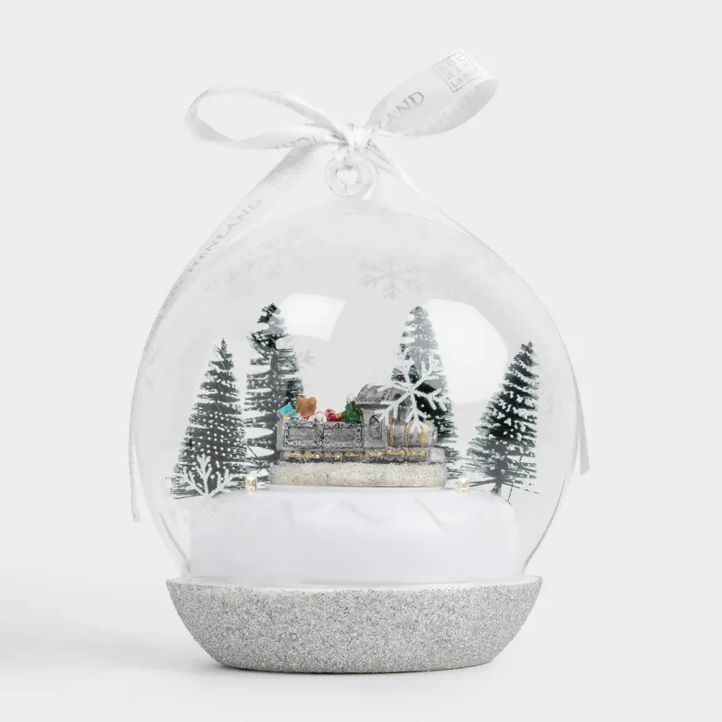 Статуэтка музыкальная, 12 см, с подсветкой, вращающаяся, стекло, серебристая, Шар с поездом, Silver style