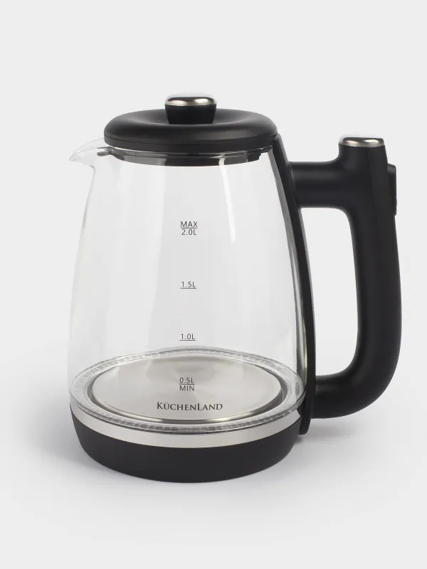 Чайник электрический, 2 л, 1500 Вт, стекло/пластик, черный, Progress plus, image-1