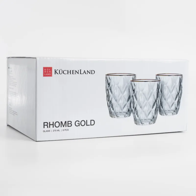 Стакан, 10 см, 270 мл, 6 шт, стекло Р, с золотистым кантом, Rhomb gold, image-6