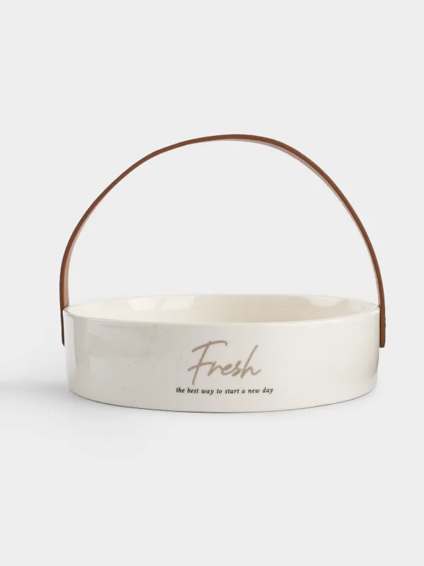 Ваза для фруктов, 22 см, с ручкой, керамика/полиуретан, белая, в крапинку, Course, image-0