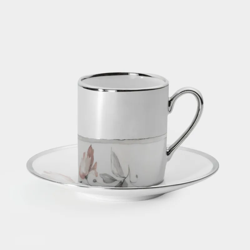 Пара кофейная, 1 перс, 2 пр, 90 мл, фарфор N, бело-серебристая, Цветок, Flower silver
