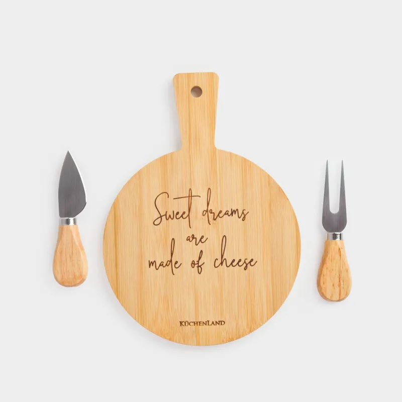 Набор для сыра, 3 пр, доска-блюдо с ручкой, бамбук/сталь, круглый, Cheese, Bamboo, image-1