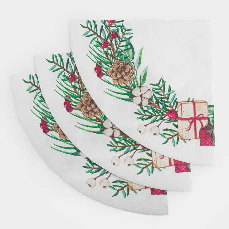 Салфетки бумажные, 33х33 см, 20 шт, круглые, белые, Шишки и ягоды на ветке, Christmas green, image-2