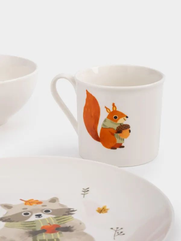 Набор посуды, детский, 1 перс, 3 пр, фарфор N, белый, Животные и листья, Forest animals, image-8