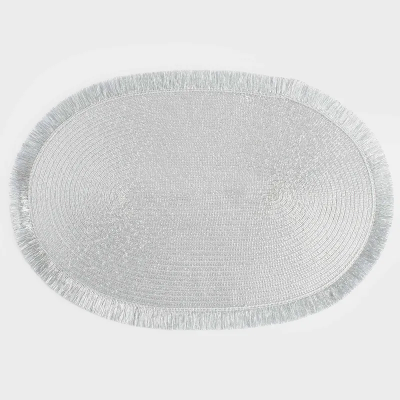 Салфетка под приборы, 30х45 см, с бахромой, полиэстер, овальная, серебристая, Rotary shine, image-0