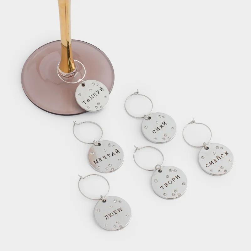 Подвеска для бокала, 6 шт, металл/стразы, серебристая, Пожелания на медальоне, Fantastic, image-5