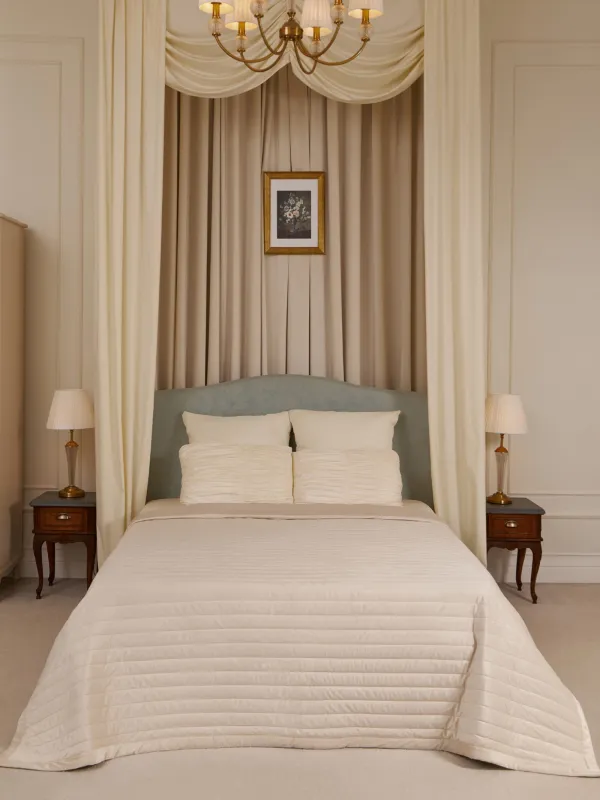 Покрывало, 220х240 см, стеганое, вельвет/микрофибра, бежевое, Полосы, Stitch velvet, image-0