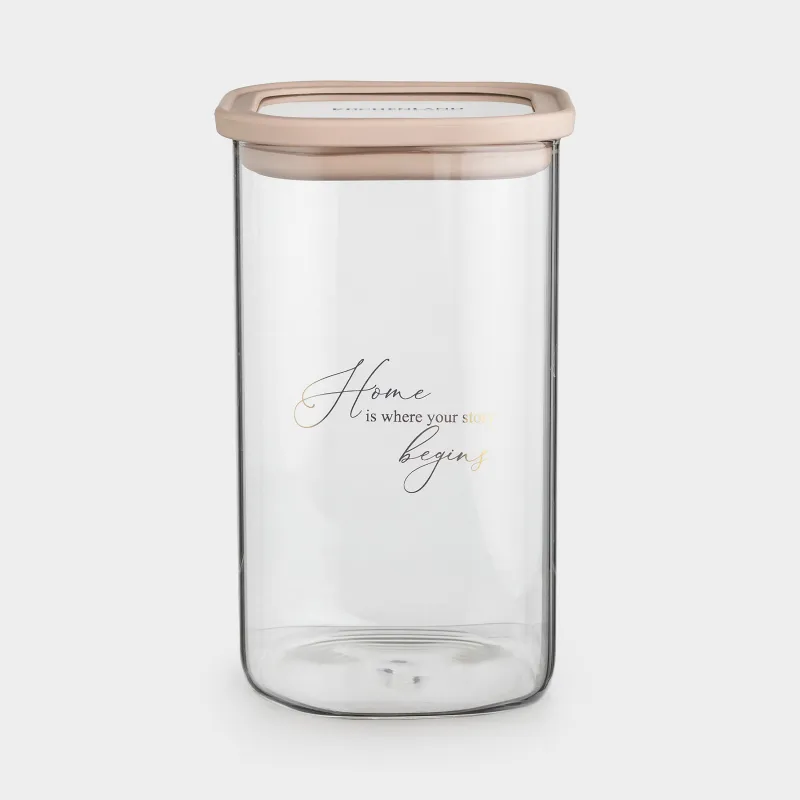 Банка для сыпучих продуктов, 1,3 л, стекло/силикон, квадратная, бежевая, Verre