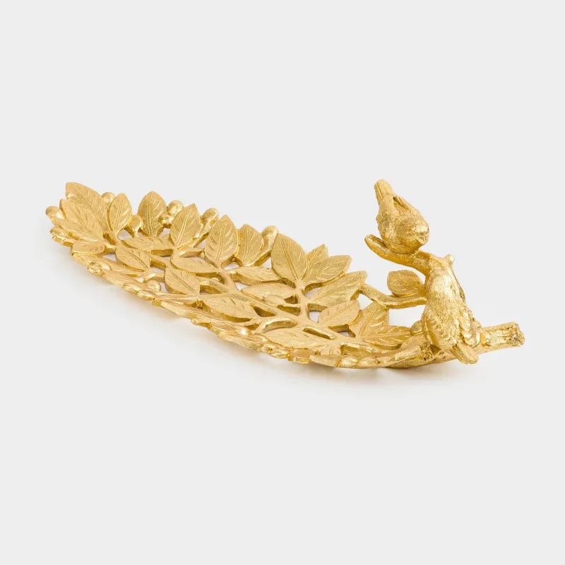 Блюдо декоративное, 40х14 см, полирезин, золотистое, Птицы на ветке, Birds, image-2