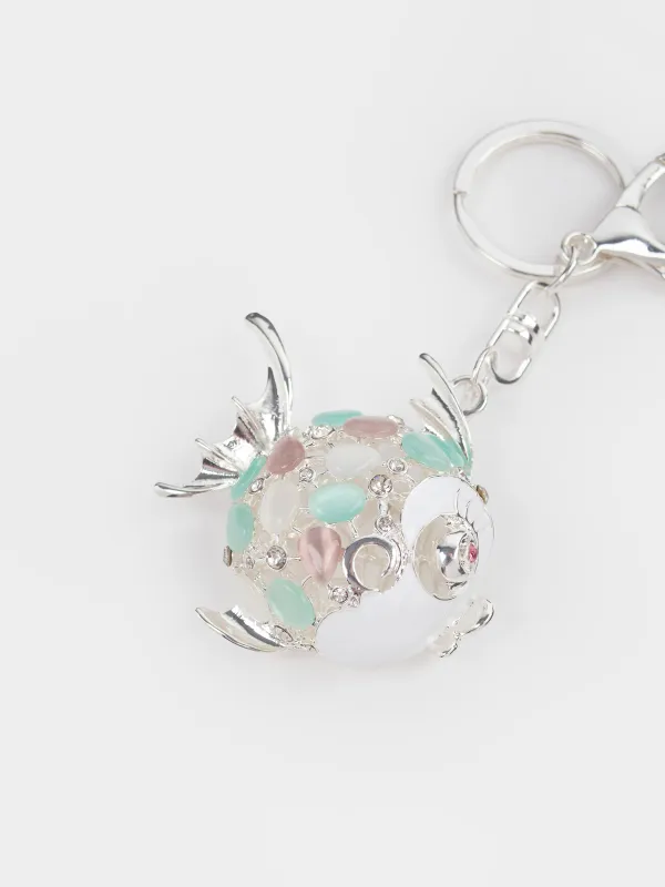 Брелок, 12 см, металл/стразы, серебристый, Рыба-шар, Keychain crystal, image-1