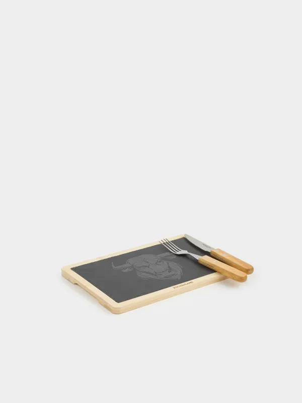 Набор для подачи стейка, 1 перс, 3 пр, сталь/сланец/бамбук, Бык, BBQ, image-3