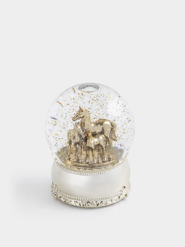 Снежный фонарь, 15 см, с подсветкой, пластик, золотистый, Лошадь в шаре, Golden style, image-0